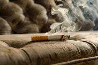 Lit Cigarette With Smoke Left On The Sofa. The Danger And Probability Of A Fire And A Burning Apartment. Insurance Concept